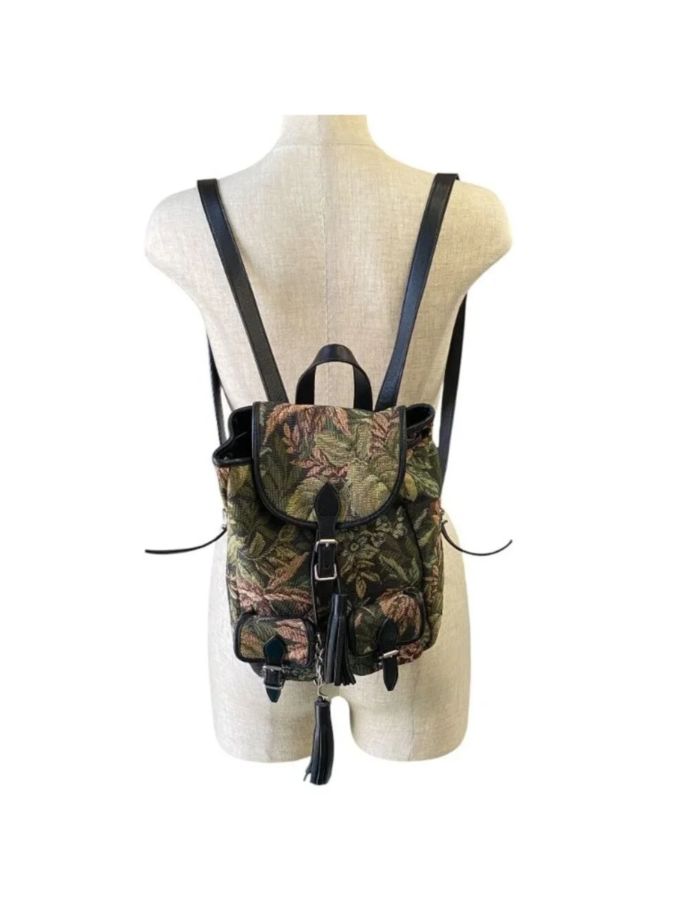 Saint Laurent Festival Tapestry Backpack Canvas Leather Black Multicolor Fine